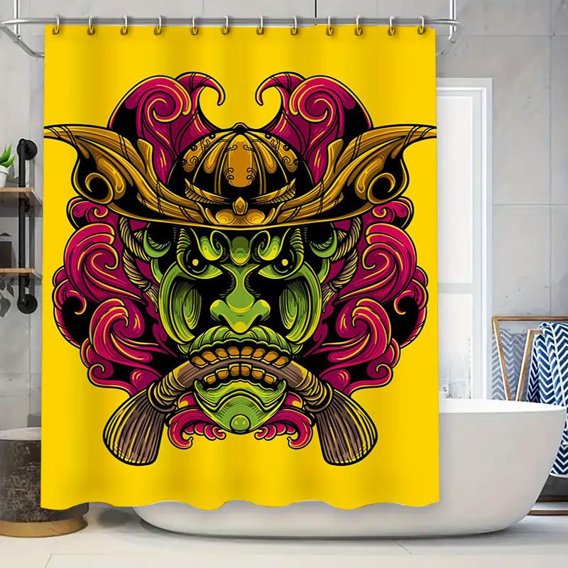 Tuniu Samurai Warrior Japanese Mask Shower Curtain Room Decor Wall Hanging Art Print Red Pink Decorative Curtain