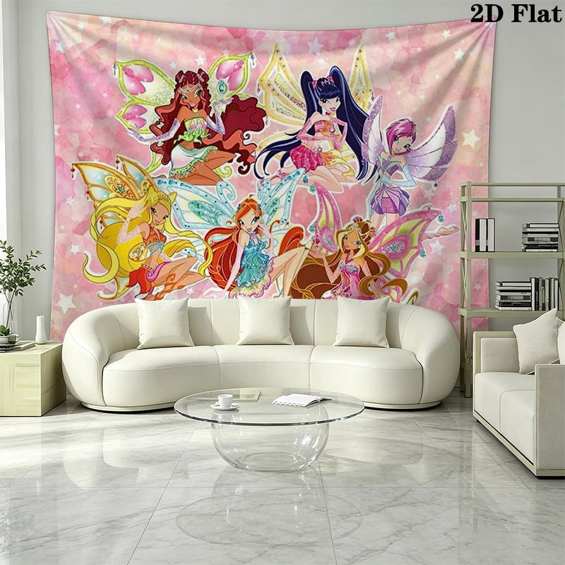 Winx Club Cartoon Wall Tapestry Aesthetic Wall Hanging Printed Fabric Blanket Decorative Tapestries for Bedroom Living Room Home Decor