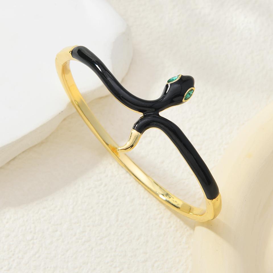 Contrast Color Snake-shaped Micropaved Zircon Drop Oil-plated Open Cuff Bracelet One Size(16-22CM)