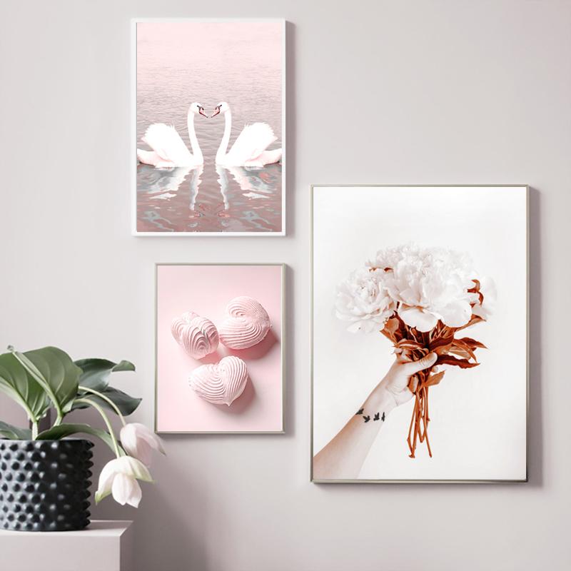 Pink Sweet Flowers Butterfly Love Kissing Line Abstract Canvas Painting Posters Prints Nordic Wall Art Pictures for Home Decor