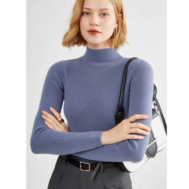 

Женские свитера с высоким воротником больших размеров, осенне-зимние эластичные модные топы, тонкий женский пуловер, вязаный свитер, мягкий теплый джемпер 2XL синий