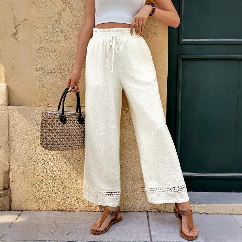 Women's Lace Trim Drawstring High-Waisted Wide Leg Pants