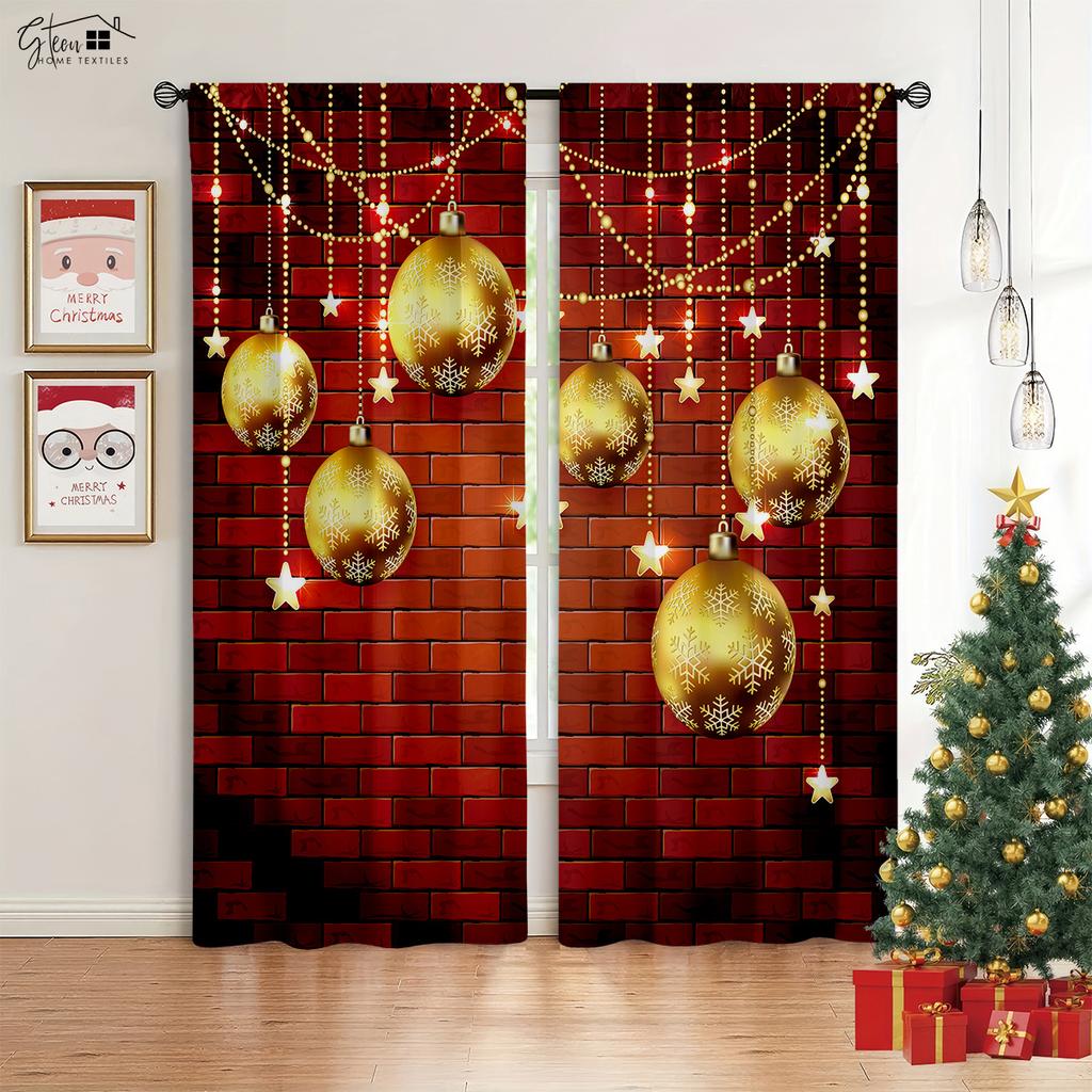 2-Piece Christmas Decor Drapes Fireplace Christmas Tree Cartoon Print Design Bedchamber Dining Room Party Decoration Curtains