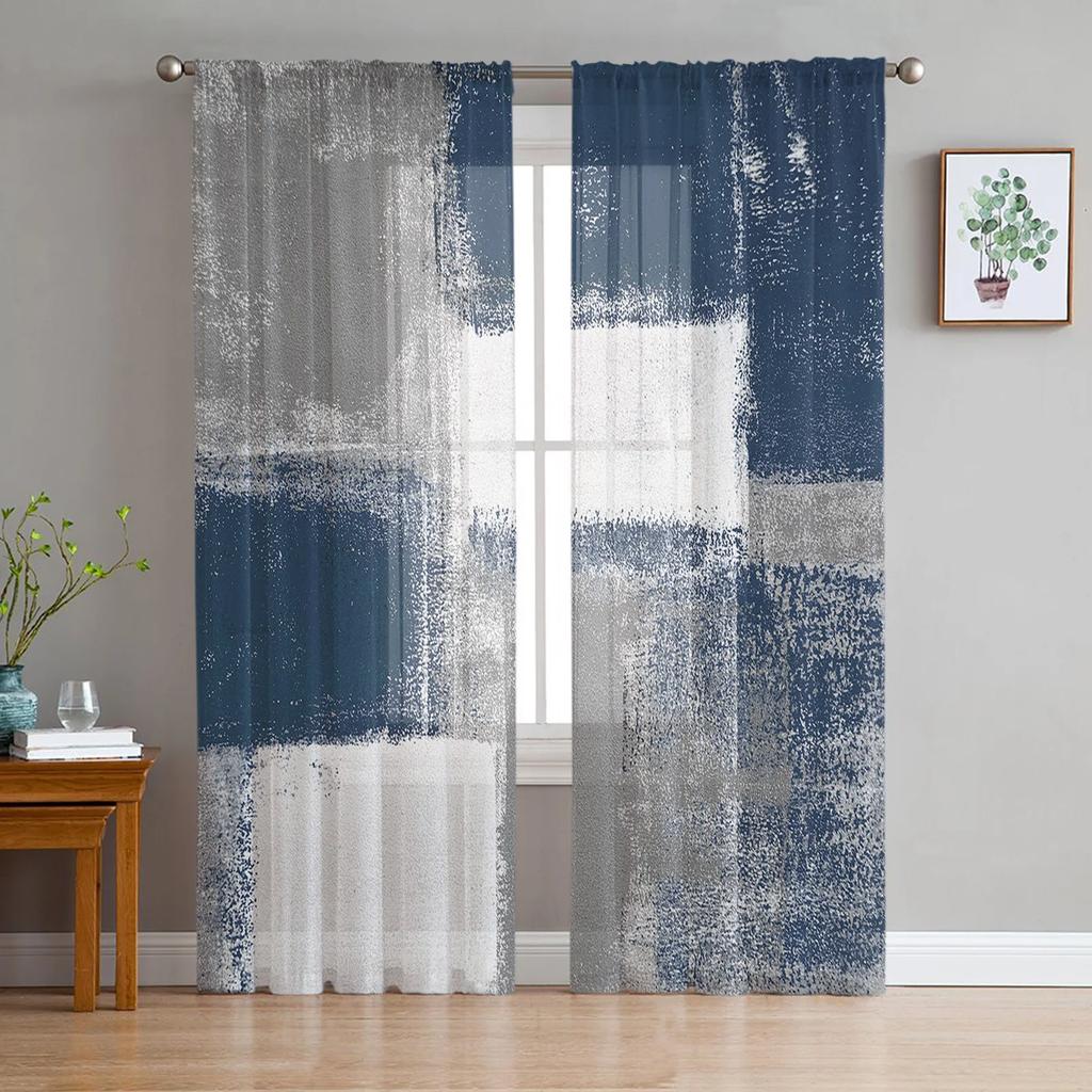 Oil Painting Abstract Geometric Yellow Gray Sheer Curtains for Living Room Decoration Window Curtain Kitchen Tulle Voile Drapes
