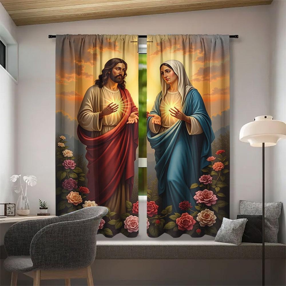 Dramatic Christian Religious Curtains Jesus and Mary Bible Art Floral Window Panels Gothic Home Decor Sanctuary Curtains for Bed