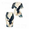 Women Plus Size Round Neck Short Sleeve Navy Red Printed Asymmetric Top And Fitted Skirt Two Piece Set