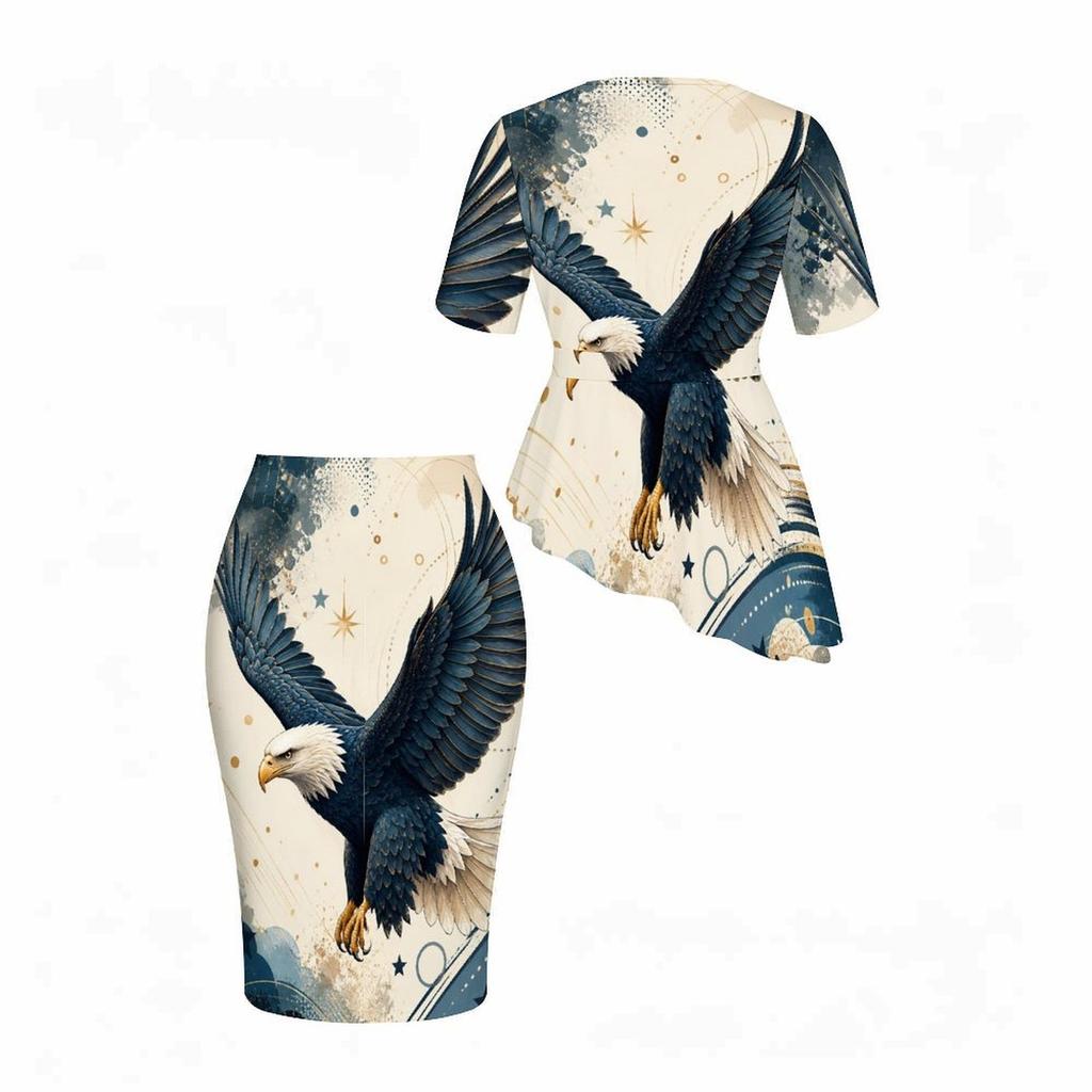 Women Plus Size Round Neck Short Sleeve Navy Red Printed Asymmetric Top And Fitted Skirt Two Piece Set
