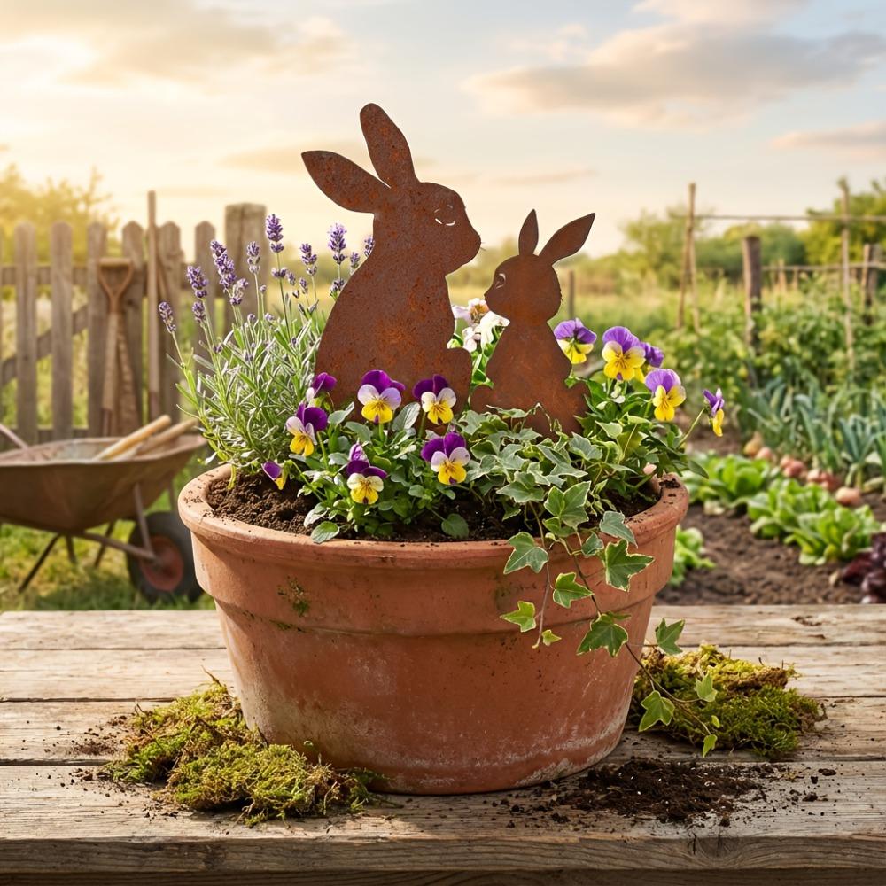 2PCS Rustic Metal Rabbit Garden Stakes Easter Yard Art Lawn Decor