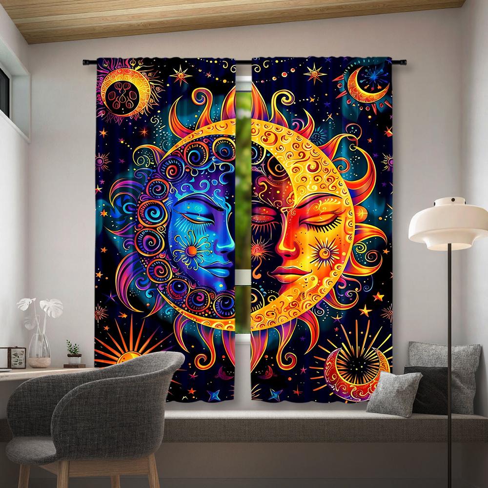 2pcs Colorful Abstract Sun and Moon Curtains – Vibrant Fantasy Style Drapes with Rod Pocket   Digital Printed Polyester   Perfect