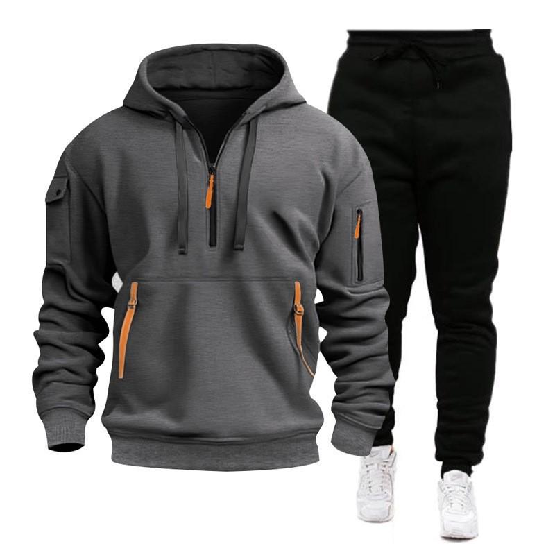 2024 Autumn/Winter Sports Sweatshirt Set for Men, Multi-Pocket Zipper Hoodie, Sportswear Set, Sweatpants Plain Board