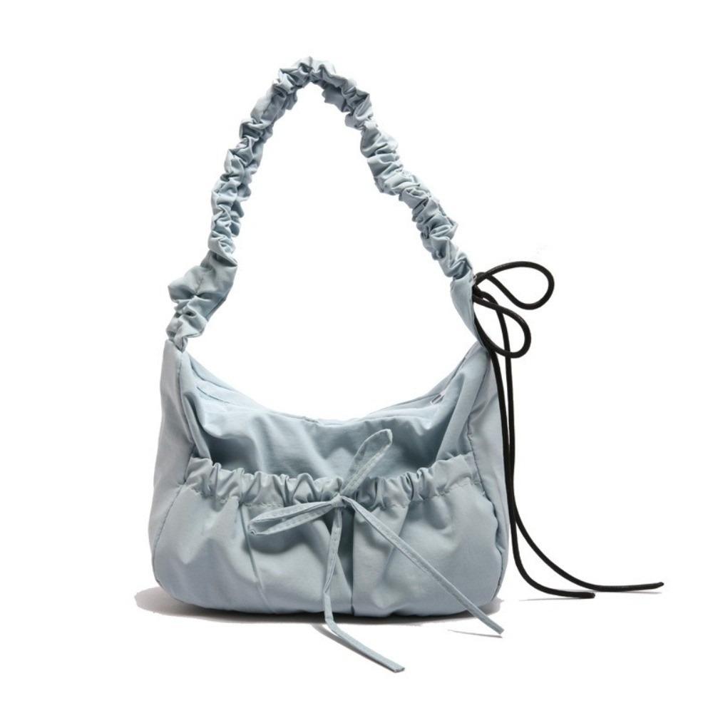 

Nylon Pleated Shoulder Bag Solid Color Women s Handbag Simple Bow Pleated Bag Girls синий