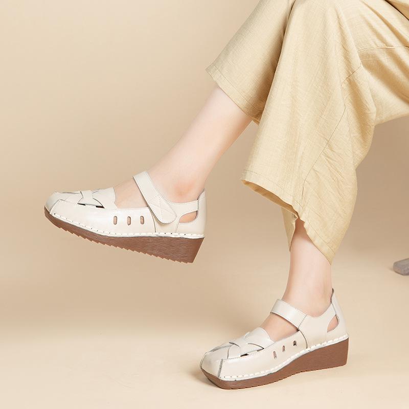 

Босоножки Johnature Retro Wedges из натуральной кожи с дышащей неглубокой мягкой подошвой для женщин 38 бежевый