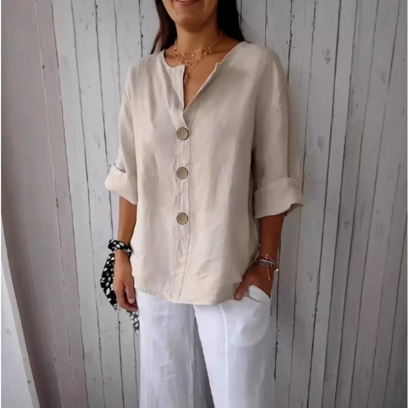 T-shirt da donna estiva nuova, larga, in cotone e lino, con scollo a V, bottoni, casual