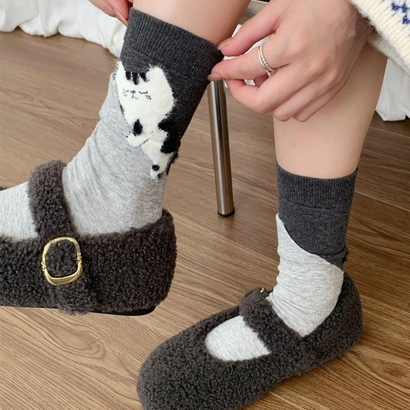 4 Pairs Cartoon Cute Cat Cotton Socks Women Girls Middle Tube Sleep Floor Socks