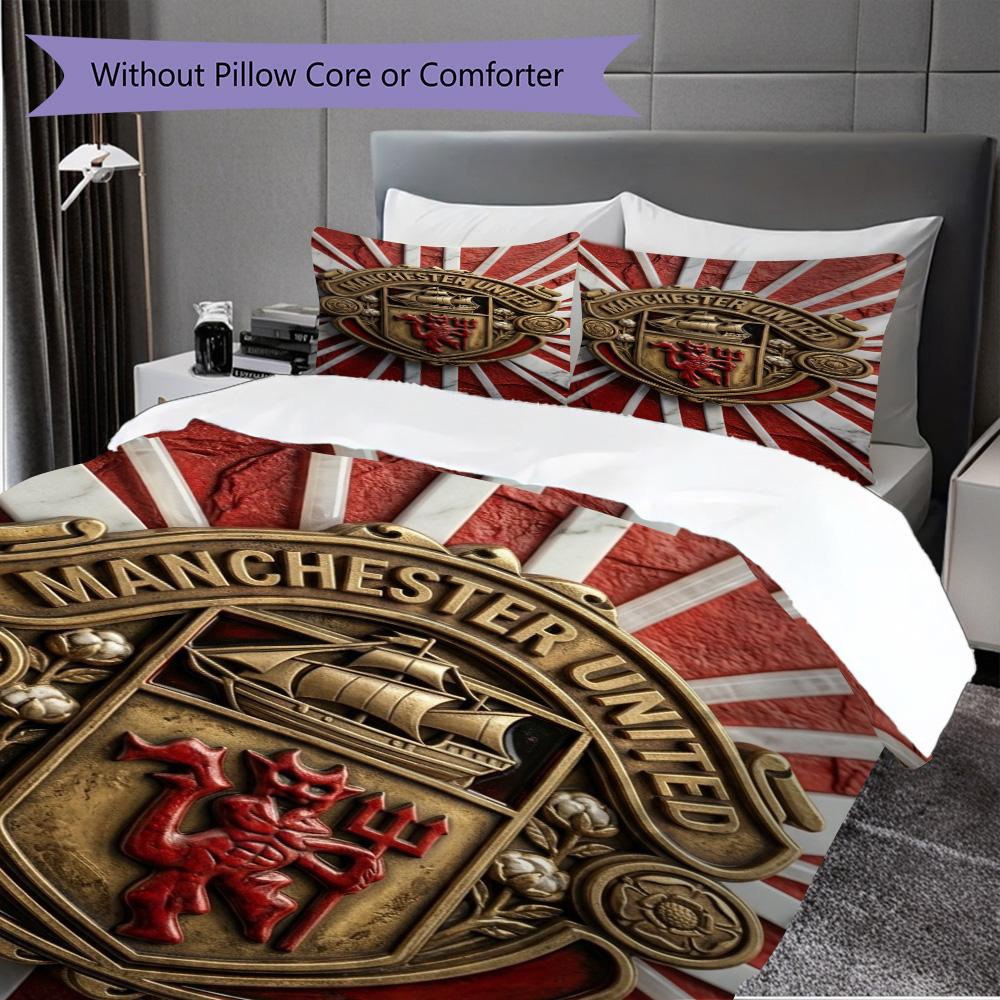 Manchester Glory Emblem Three-piece Set (1 * Duvet Cover + 2 * Pillowcase, Without Core) 2D Flat Christmas Birthday Gift Soft and Comfortable