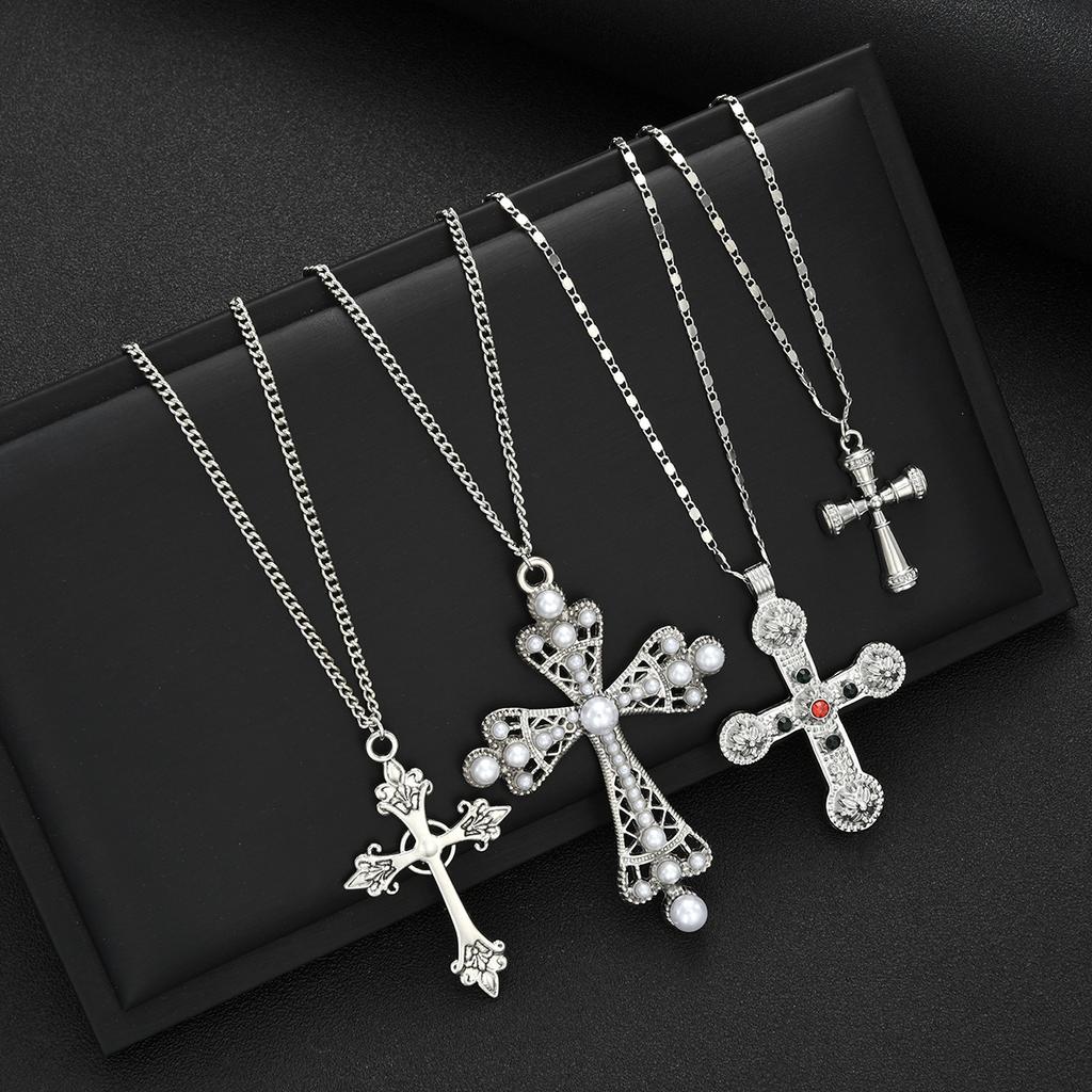 4pcs Punk Cross Pendants Necklace for Women Fashion Pearl Zircon Charm Exaggerated Multi-Layered Necklace Versatile Jewelry Gift