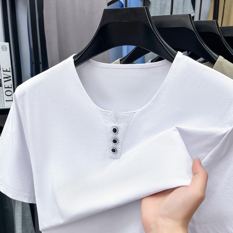 Men's Summer Crew Neck Solid Color Casual Short Sleeve T-shirt, Versatile Korean V-neck Style