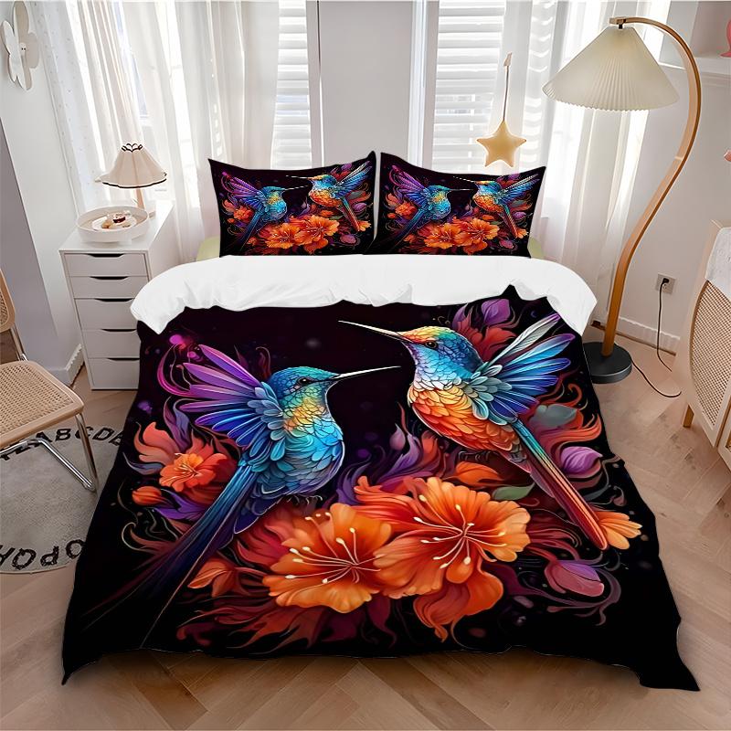 3pcs Colorful Hummingbirds Amidst Vibrant Flowers Quilt Set Cartoon Themed Bed Quilt Set Lovely Character Bedroom Decor Bed Quilt Set Four Season