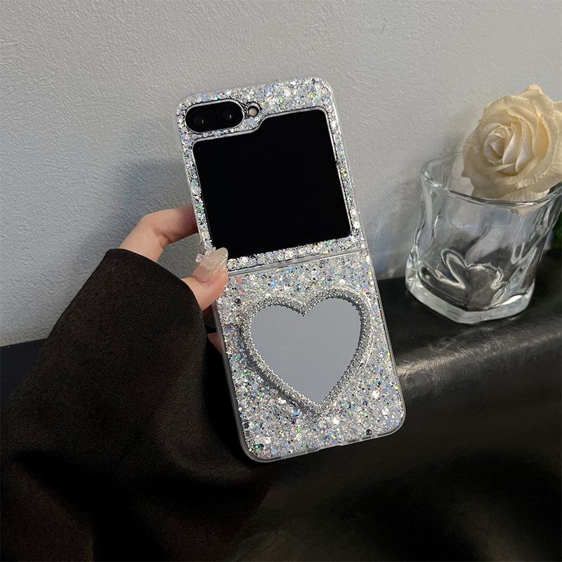 Water Diamond Love Bear Mirror Phone Case for Samsung ZFLP6 Flip Up Folding Screen ZFold 5 Glitter Women