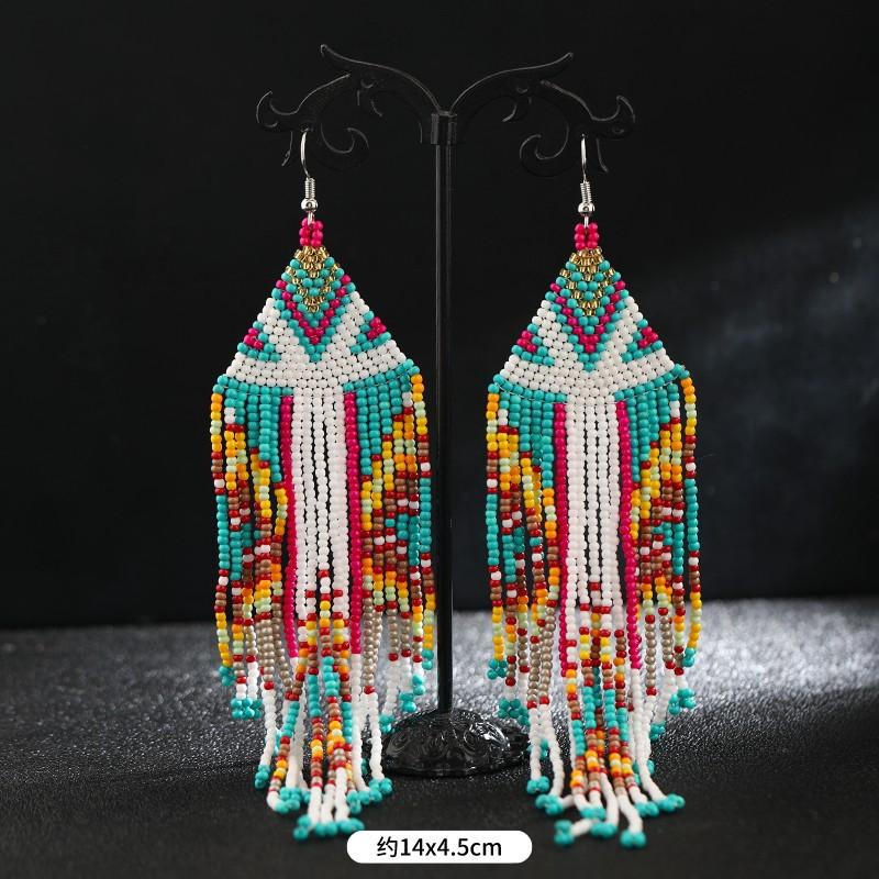 Hand-woven Bohemian Earrings, Long Rice Bead Fringed Earrings, Personality Temperament Women's Earrings.