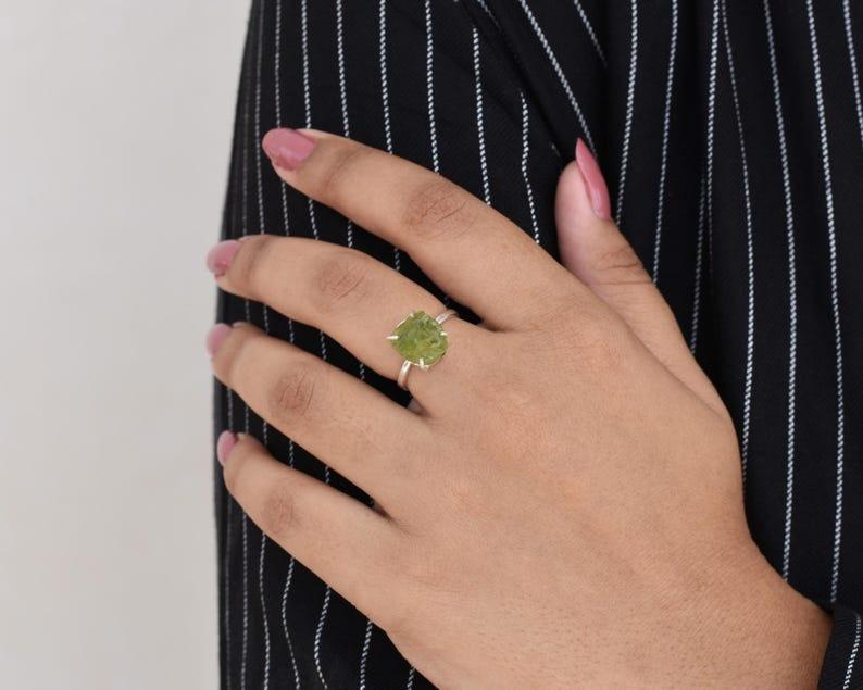 Solid 925 Sterling Silver Raw Peridot Prong Setting Handmade Designer Wedding Engagement Gift Ring