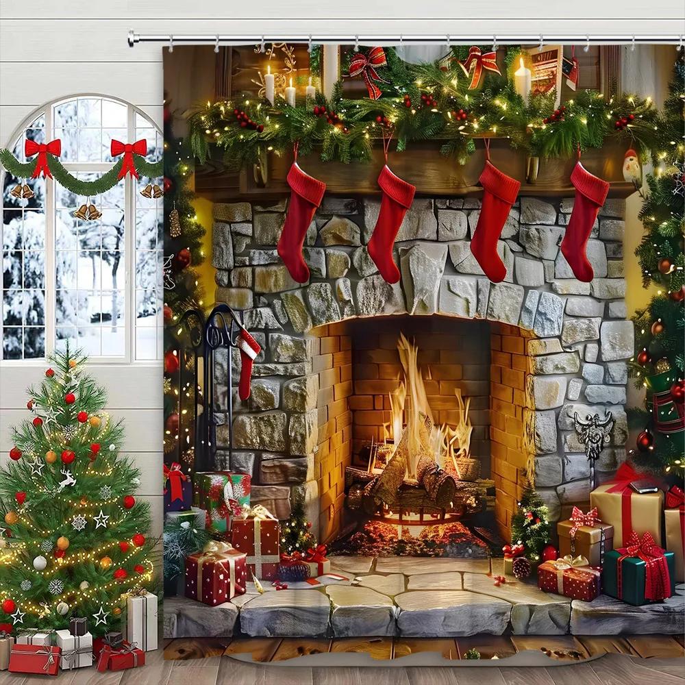 Christmas Shower Curtain Winter Holiday Farm Mantel Stockings Gifts Rustic Pine Home Polyester Fabric Bathroom Decor Curtain Set