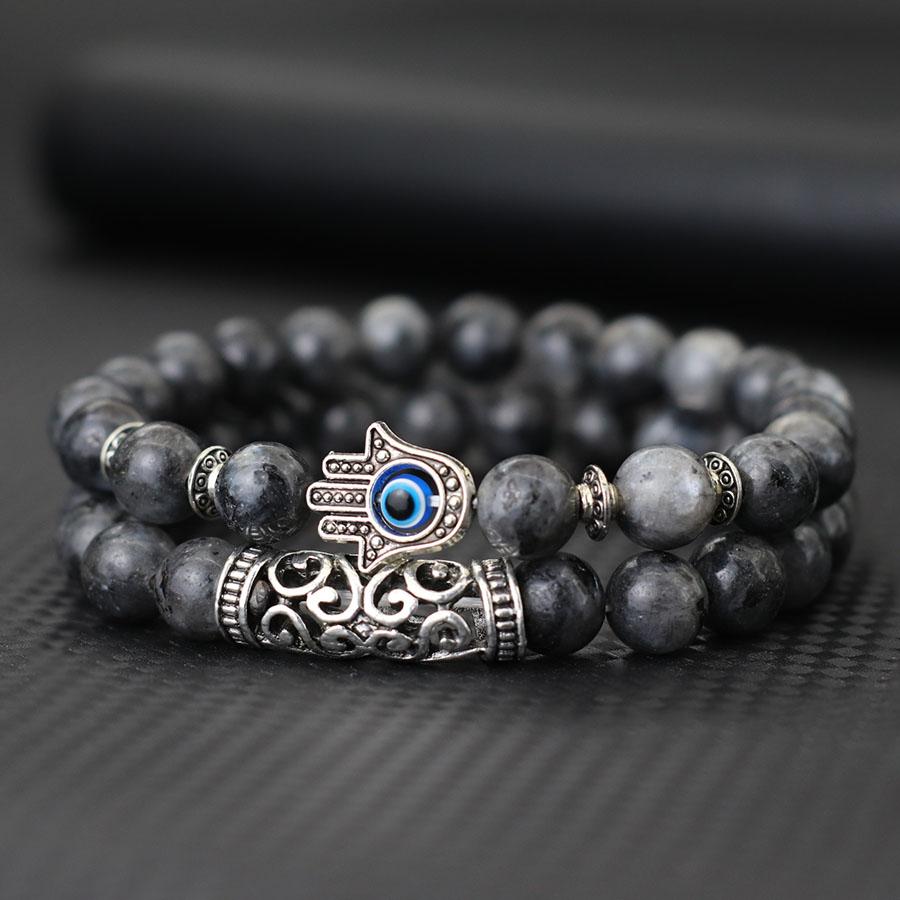 Retro 2Pcs Men Bracelet Set Turkey Evil Eyes Fatima Hand Braslet Natural Lava Sodalite Tiger Eyes Braclet Meditation Accessories