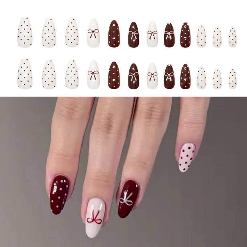 1 Set Almond Press on Nail Acrylic Nail Accesories with Bows and Dot Designs Stick on Nail Valentine's Day Nail Art