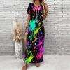 Women Plus Size V Neck Short Sleeve Black Golden Printed Straight Maxi Dress