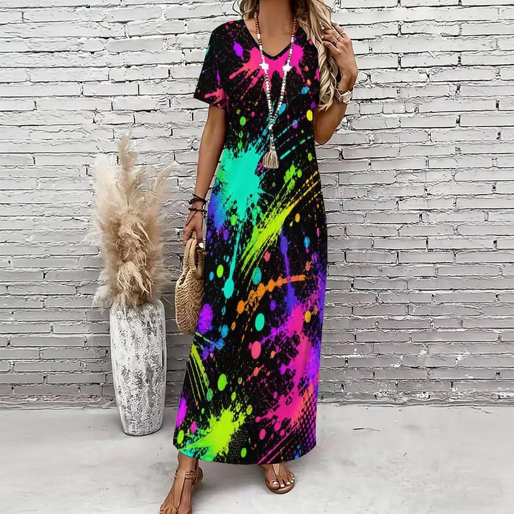 Women Plus Size V Neck Short Sleeve Black Golden Printed Straight Maxi Dress