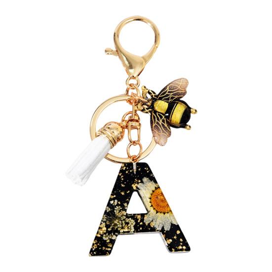 Dried Flower Letter Charm Bee Keychain Pendant Resin Black 1 Pc