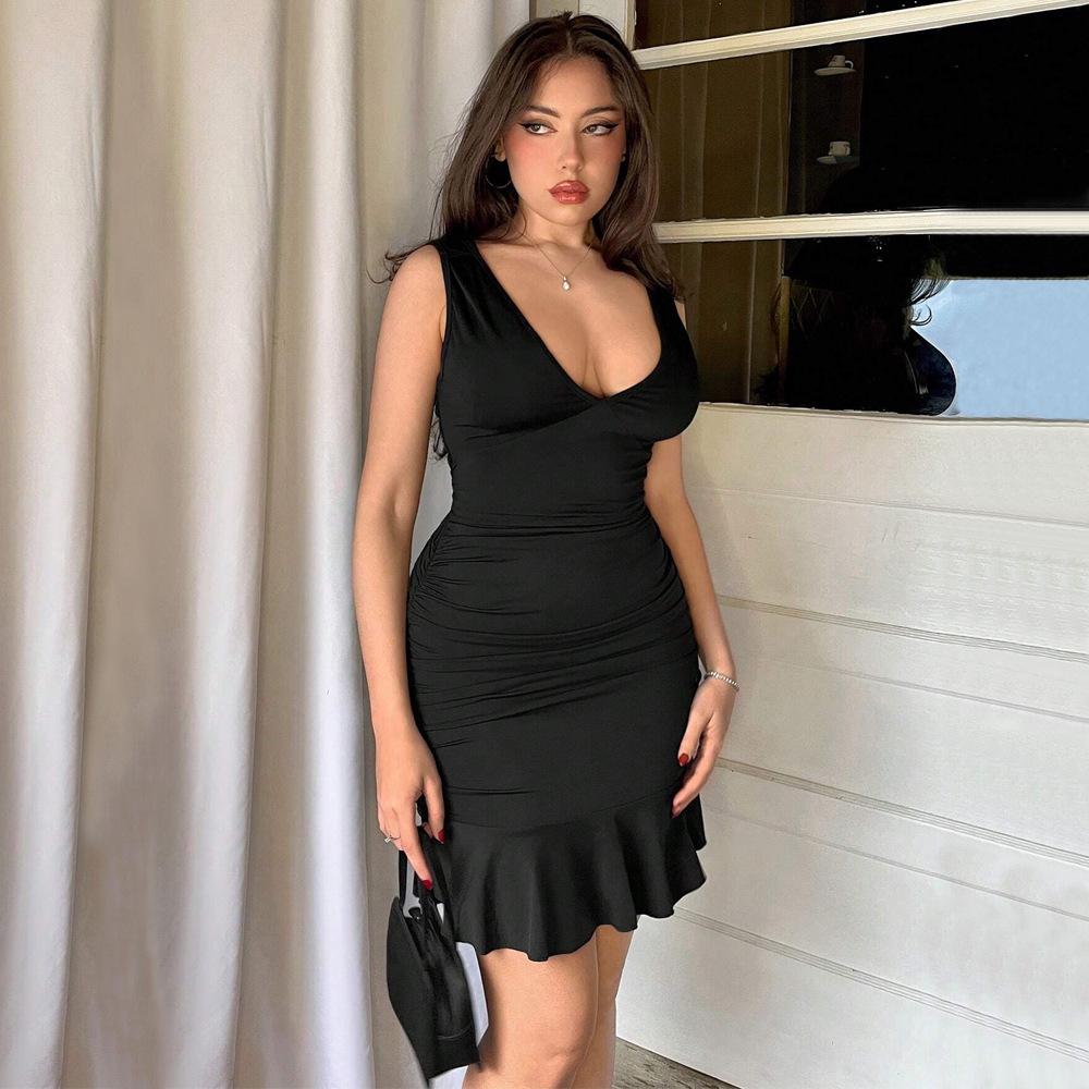 2024 Stylish European & American U-Neck Ruched Waist Sexy Slimming Dress