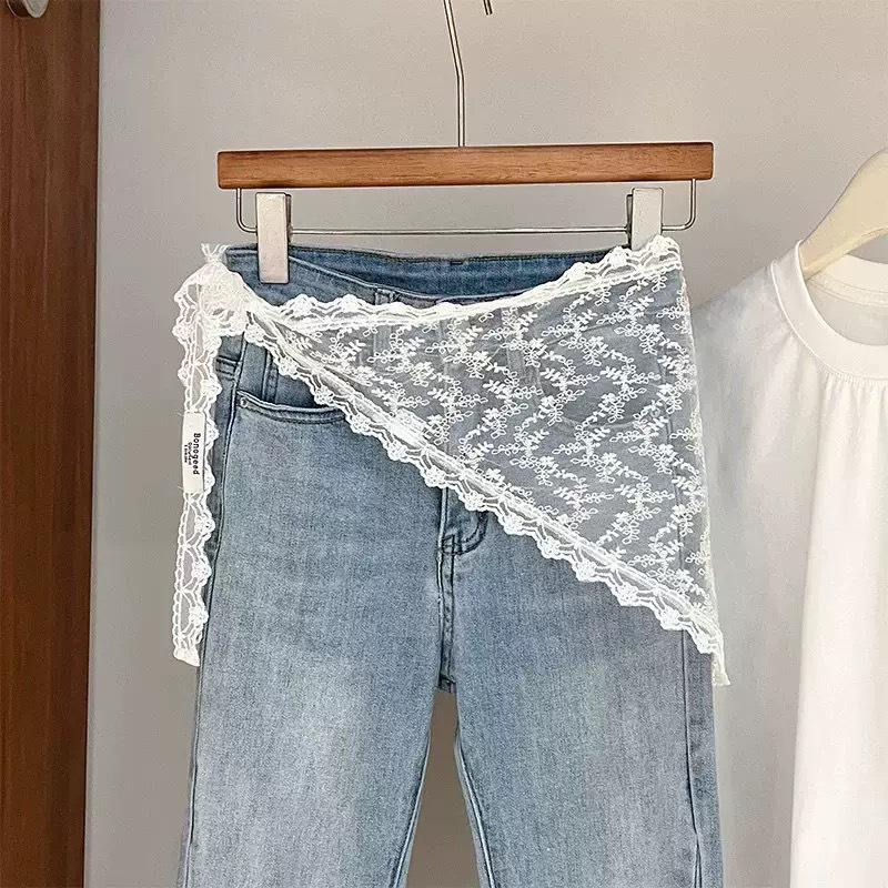Korean Lace Embroidered Waistband Tulle Skirt with Layered Scarf Accessory
