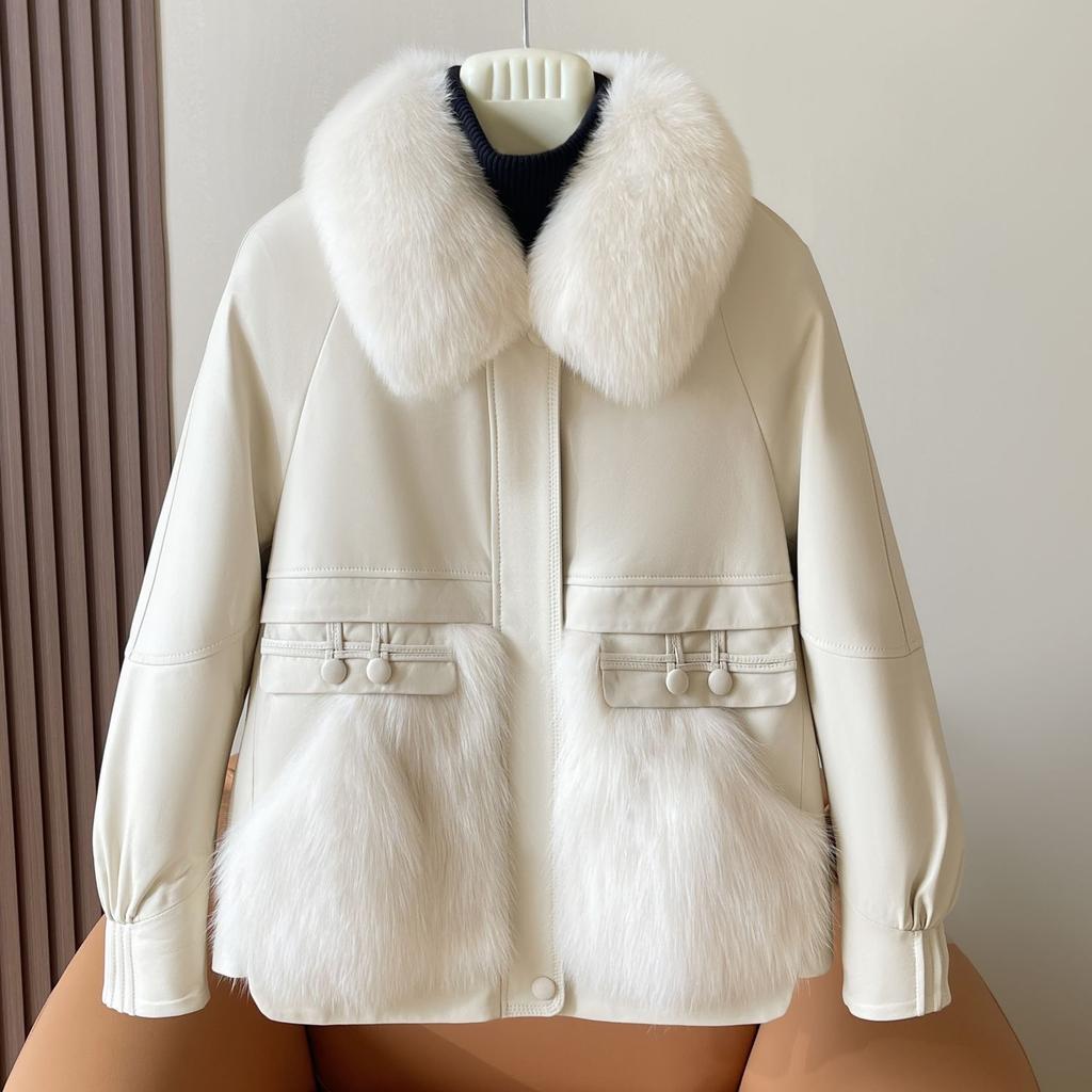 Autumn Winter Women's Faux Fur Coats Stitched Artificial Fox Fur Collar Fur Coat Short Slim Down Leather Jacket