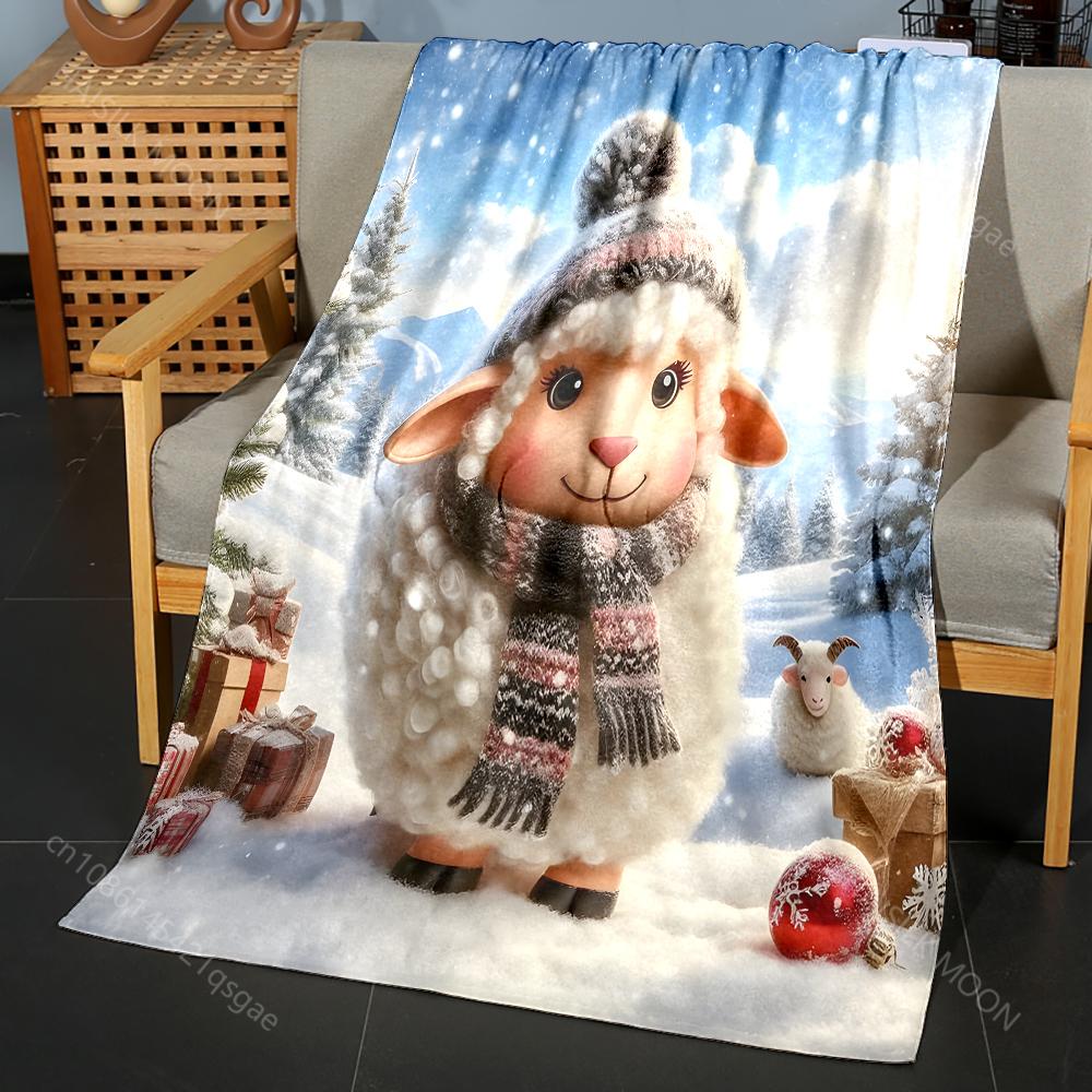 

Festive Sheep in Snowy Landscape Pattern Blanket Flannel Material Soft Warm for All Seasons, Home Outdoor Camping Picnics RV 75x90cm