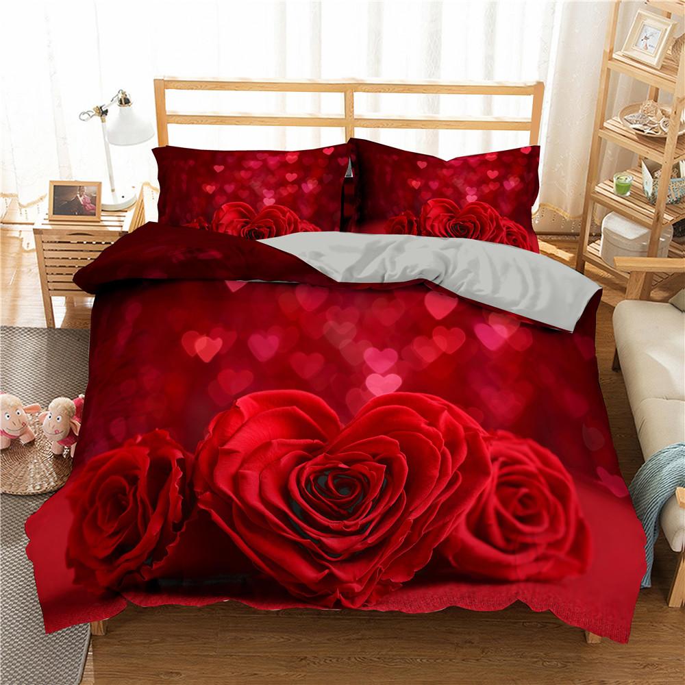 Red Rose Duvet Cover Set Red Flower Gray Background 3D Comforter Cover Valentine's Day Gift King Queen Size For Girls Women Kids