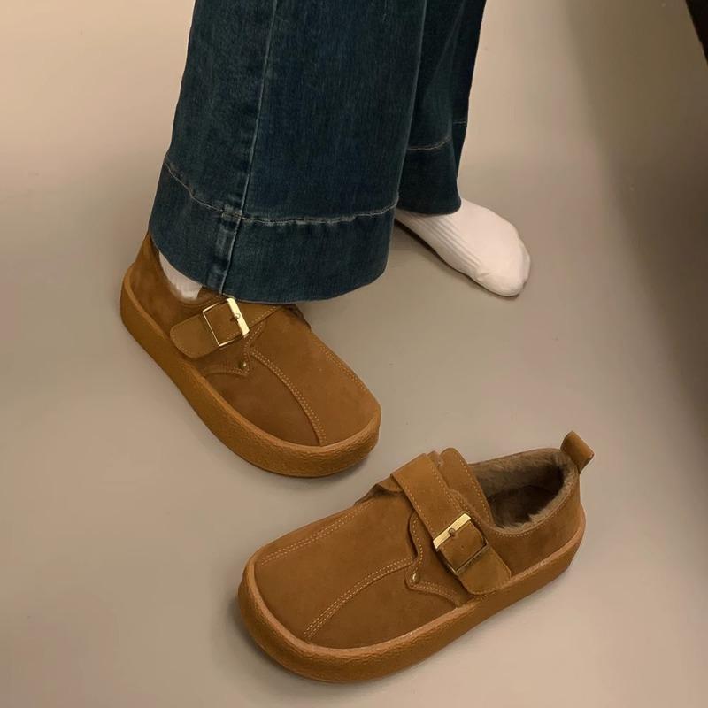 Fashion Women's Thick Sole Cotton Shoes Winter New Round Head Deep Mouth Suede Metal Buckle Anti-slip Wear-resistant Flat Shoes