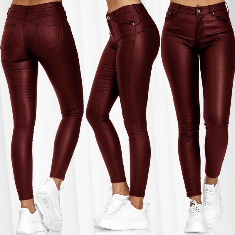 High Waist PU Leather Slim Fit Casual Pants Women Black Blue Burgundy Stretch Fitted Trousers