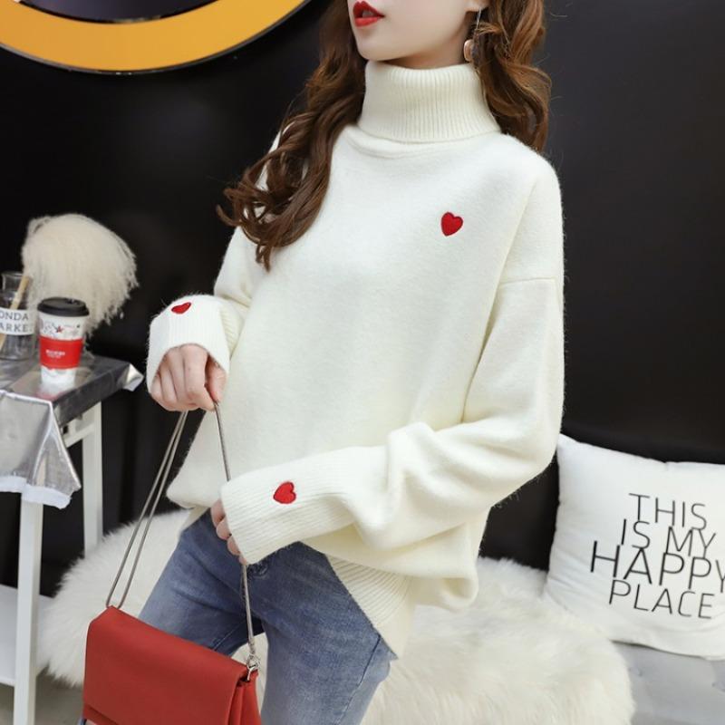 Autumn and winter new pullover sweater women's turtleneck loose and versatile love knitted sweater lazy style top tide