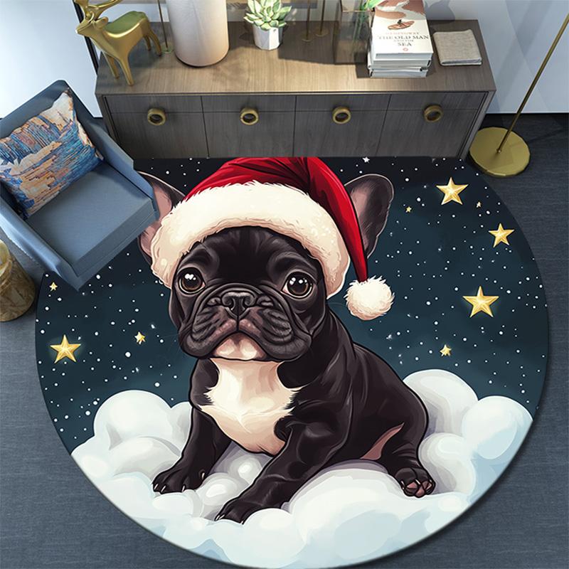 Christmas French Bulldog Round Area Rug,Carpet Rug for Living Room Bedroom Sofa Playroom Decor,Non-slip Floor Mat