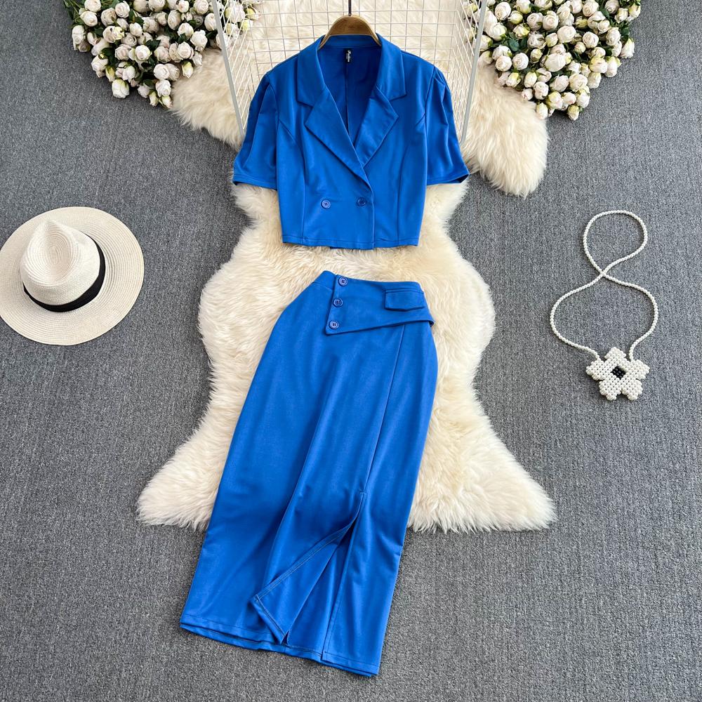 Ladies Suit Retro Lapel Loose Puff Sleeve Short Suit Jacket Two Piece High Waist Slit Skirt