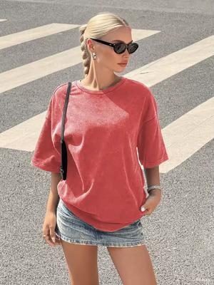 Summer Women's Washed T-shirt, Summer Lazy Style Shoulder Down Casual Short Sleeved T-shirt
