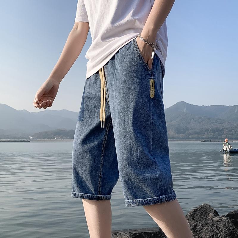 Summer Thin Five Quarter Denim Shorts Men's Seven Quarter Pants Loose Straight Leg Drawstring Elastic Waist Shorts