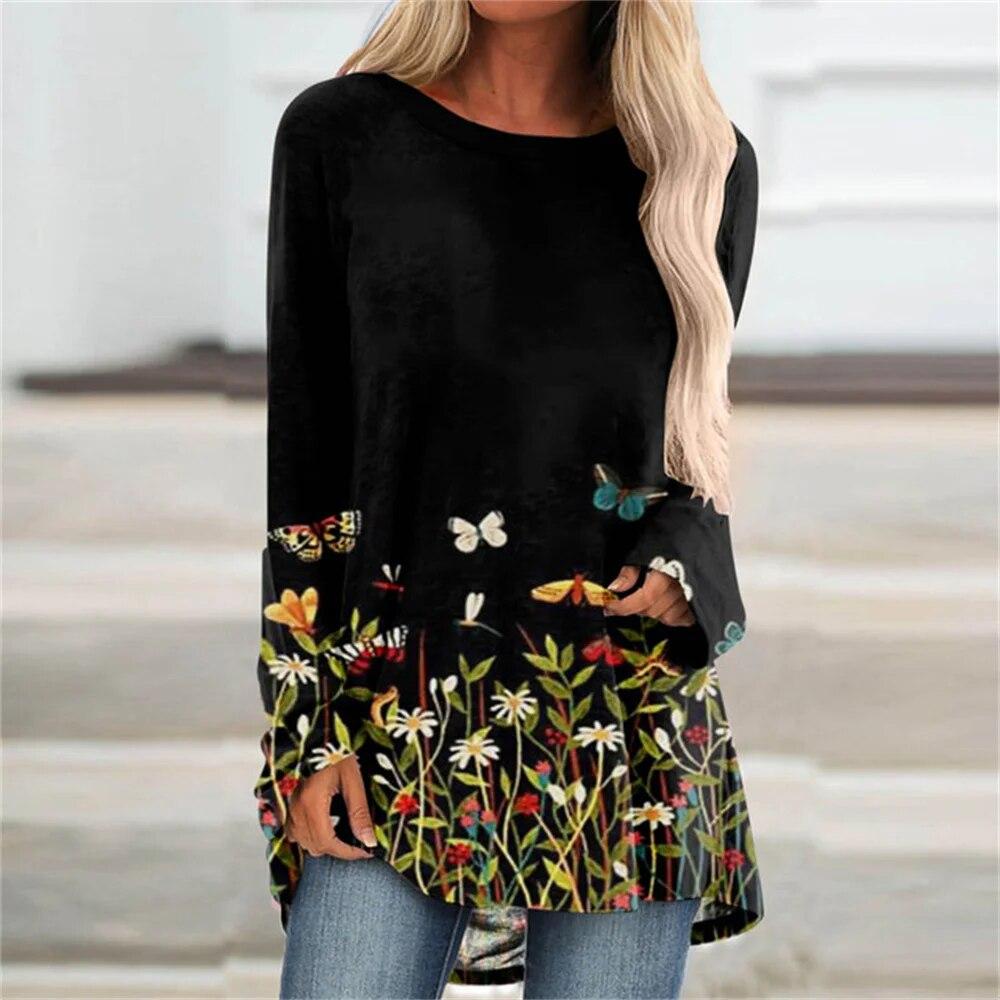 Floral 3d Print T-shirts Women Fashion T-shirt Long Sleeve Tops Tees Summer Long Tops Ladies Camisetas Butterfly Tshirt Girl