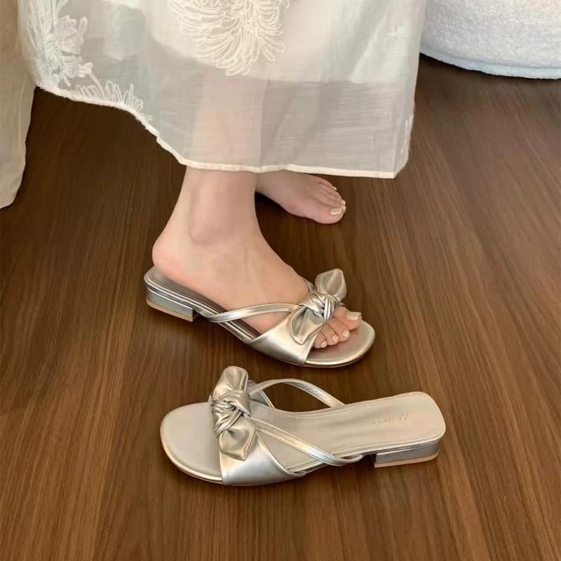 Middle Heel Peep Toe PU Butterfly-knot Shoes for Women 2024 New Modern Slippers Summer Outdoor New Women's Slippers