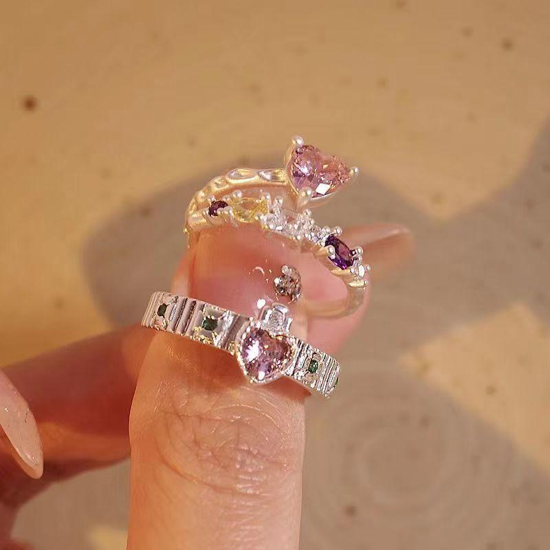 Temperament Sweet Light Luxury Pink Diamond Love Ring Female Korean Niche Versatile High-End Zircon Open Ring
