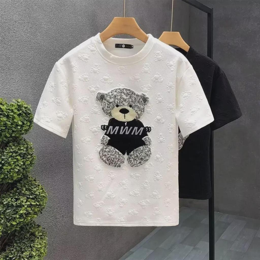Men's Summer 2023 Cartoon Bear Embroidered Round-Neck T-Shirt, Short-Sleeved and Stylish