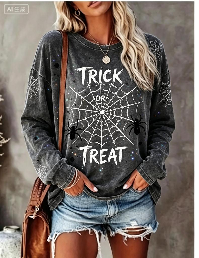 Women Halloween Long Sleeve T‑Shirt Trick or Treat Spider Web Tie‑Dye Print Crew Neck Tops