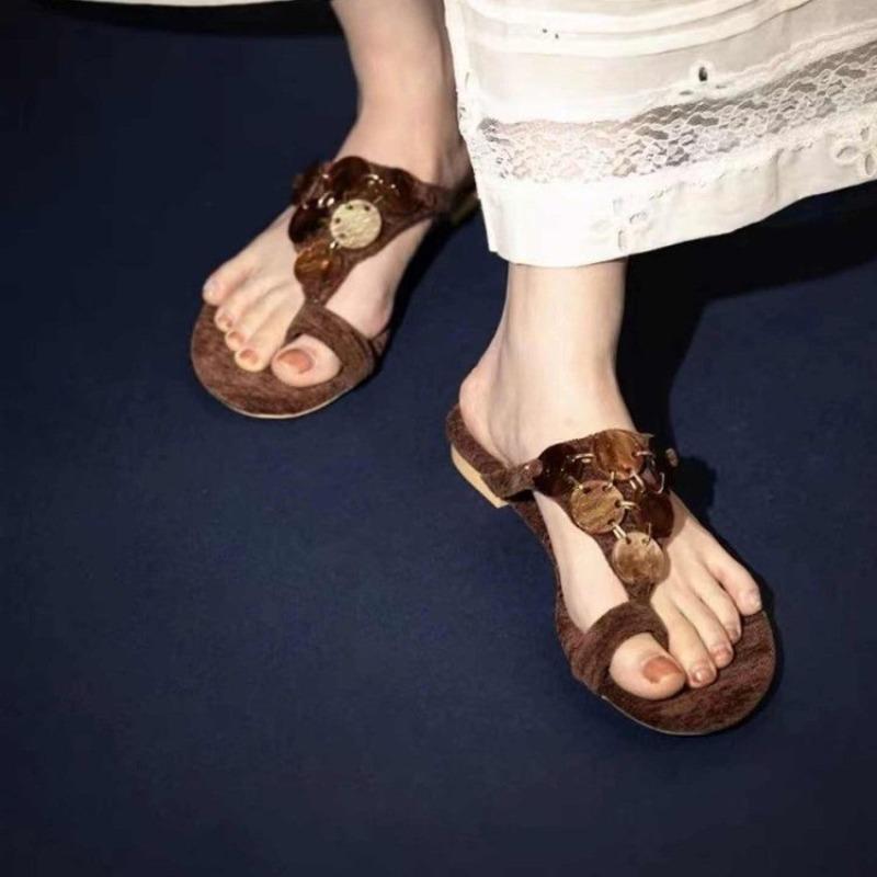 Fashion Vintage Amber Brown Toe Clip-in Flip Slippers Women's Summer New Low Heel Open Toe Anti-slip Wear-resistant Cool Slippers