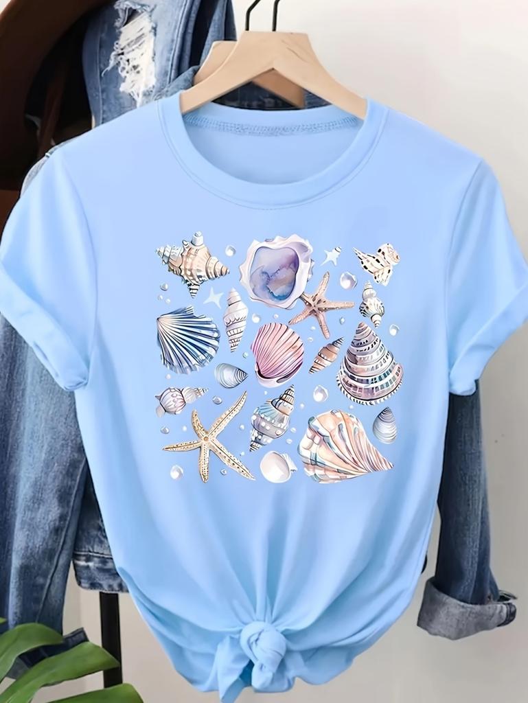 Summer Playful Women's Casual Short Sleeve T-Shirt Shell Print Ocean Style Trendy Tops Hawaii Vacation Outdoor Fit Woman Clothes